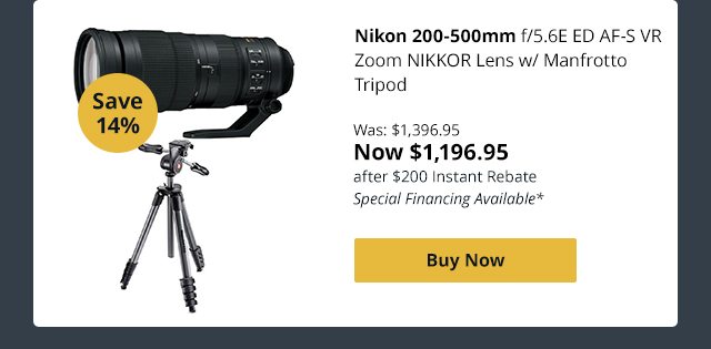 Nikon 200-500mm f/5.6E ED AF-S VR Zoom NIKKOR Lens Includes Manfrotto Tripod