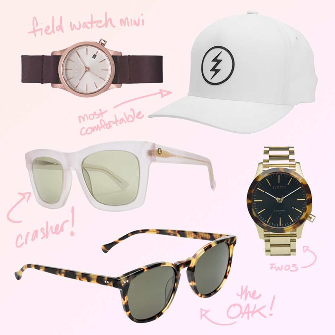 women's sunglasses and accessories product collage - watches, white hat and sunglasses