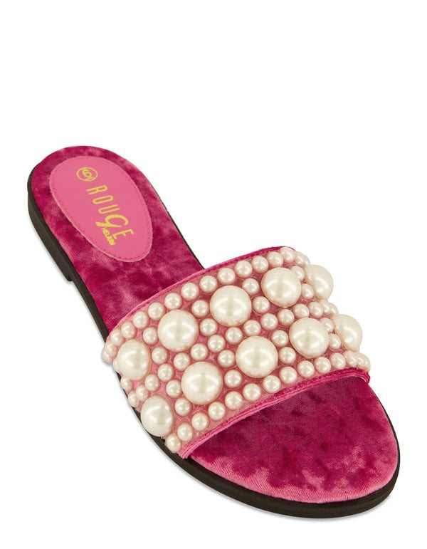 Velvet Faux Pearl Band Slide Sandals