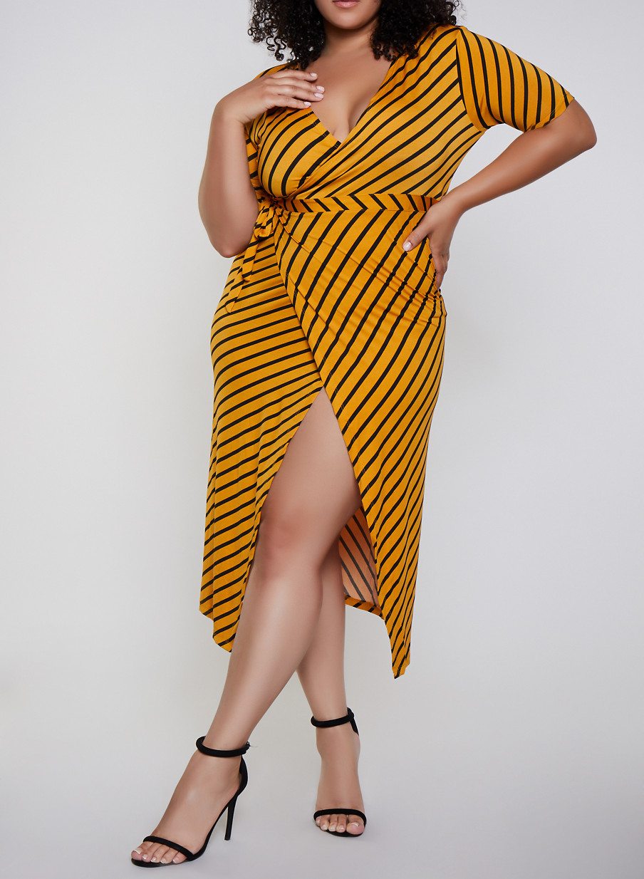 Plus Size Midi Striped Wrap Dress