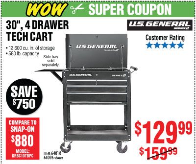 View 30 in. 4 Drawer Black Tech Cart