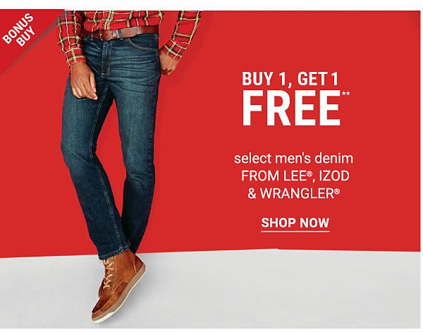 Bonus Buy! Buy 1, Get 1 FREE** select Men's Denim from Lee, IZOD & Wrangler - Shop Now