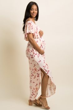 Light Pink Faded Rose Print Off Shoulder Maternity Maxi Dress