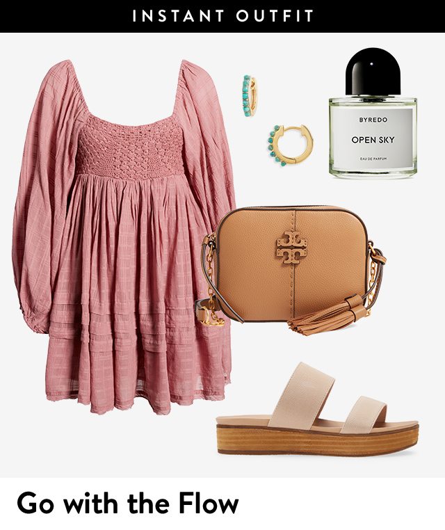 Women's mauve babydoll dress, turquoise-stone hoops, Byredo eau de parfum, tan Tory Burch bag and platform slide sandals.