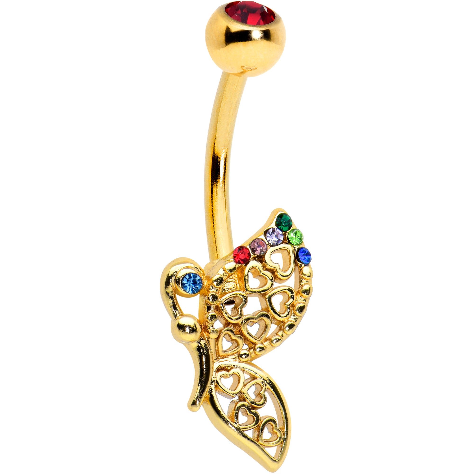 Image of Red Blue Green Gem Gold Tone Heart Butterfly Belly Ring