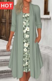 Sage Green Fake 2in1 Floral Print A Line Dress