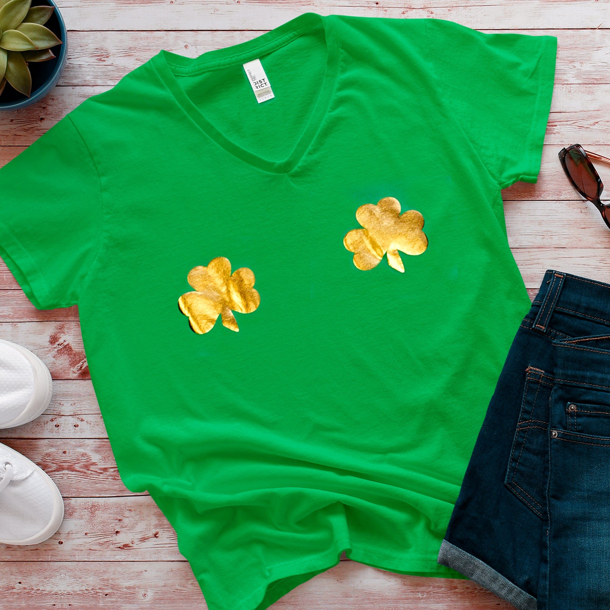 Image of Lucky Gold Shamrocks Green Frost V-Neck Tee Shirt