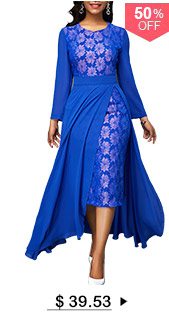 Patterned Lace Panel Chiffon Overlay Royal Blue Dress