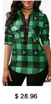 Plaid Print Lace Up Front ST Patricks Day Green Blouse