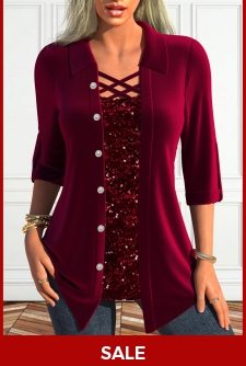 ROTITA Fake 2in1 Wine Red Square Neck Blouse