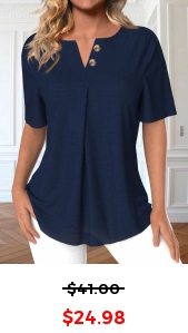 ROTITA Button Navy Split Neck Short Sleeve Blouse