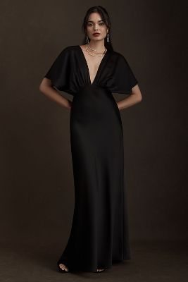 BHLDN Leila Deep-V Flutter-Sleeve Satin A-Line Gown