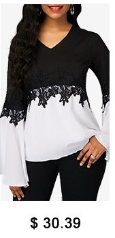 Flare Sleeve Lace Edge V Neck Blouse