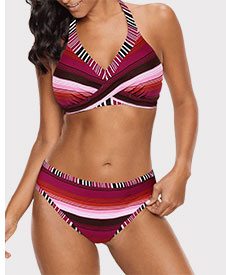 Multi Stripe Halter Twist Front Bikini Set
