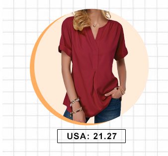 Split Neck Short Sleeve Wine Red Blouse