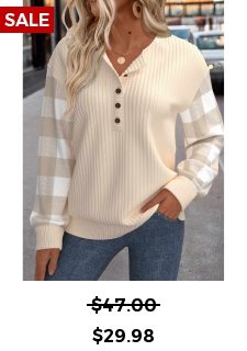 Beige Patchwork Plaid Long Sleeve Turn Down Collar Sweatshirt