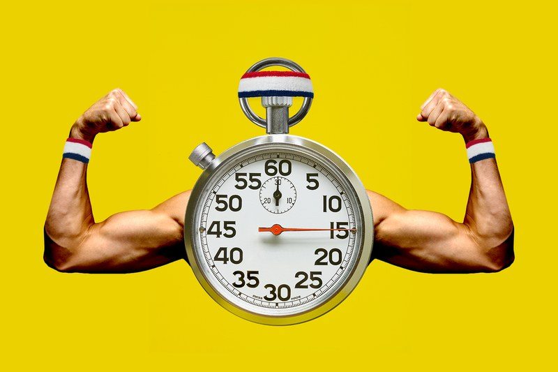 Collage of a stopwatch flexing muscular arms and wearing sweatbands