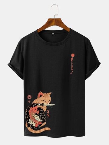 Japanese Cat & Fish Print T-Shirts
