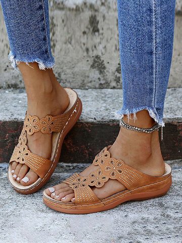 Rhinestone Carved Hollow Wedges Sandals