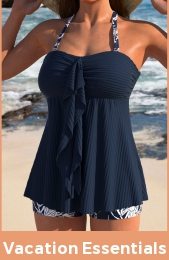 Ruffle Tropical Plants Print Navy Tankini Set