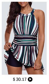 Keyhole Back Stripe Print Swimdress and Shorts