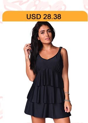 Plus Size V Neck Layered Black Swimdress and Panty 