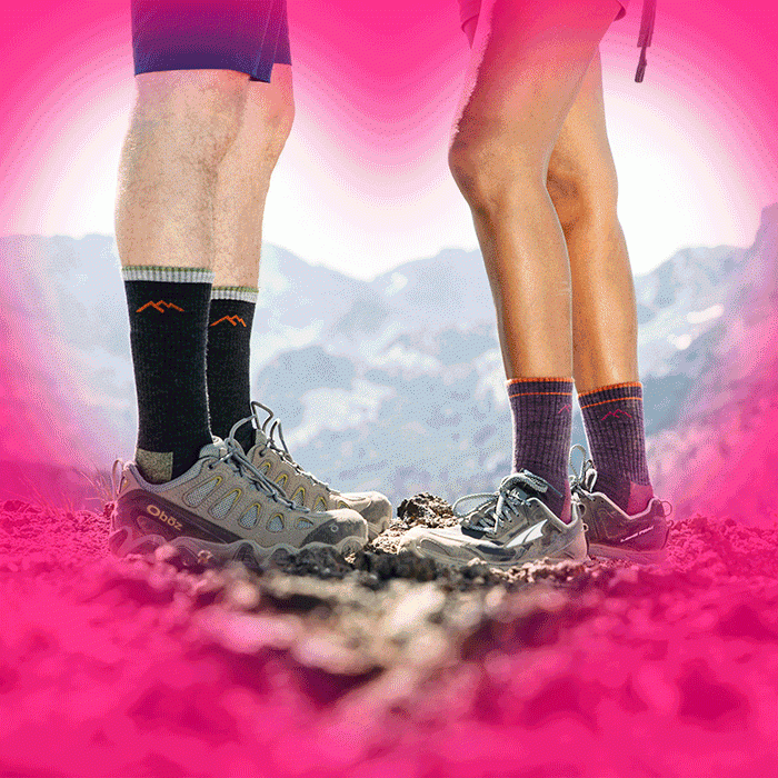 Shop the Valentines Gift Guide - feet wearing a variety of Darn Tough socks, in a truck, on a couch and on a mountain summit