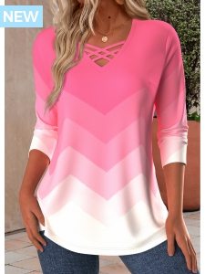 ROTITA Criss Cross Ombre Pink V Neck T Shirt