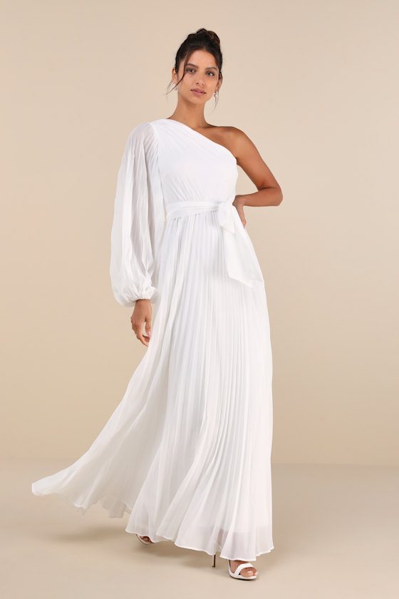 Image of Divine Charm White Pleated One-Shoulder Maxi Dress