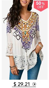 Lace Patchwork Three Quarter Sleeve Blouse