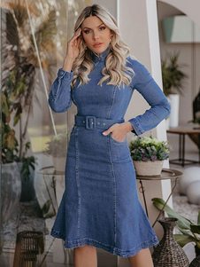 Robes moulantes pour femmes bleu marine foncé col montant Cowboy manches longues robe crayon