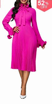 Tie Neck Long Sleeve Rose Red Pleated Dress