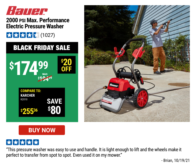 BAUER: 2000 PSI Max Performance Electric Pressure Washer