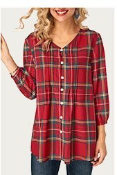 V Neck Plaid Print Button Up Blouse