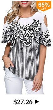 Flower Print Cold Shoulder Striped Blouse