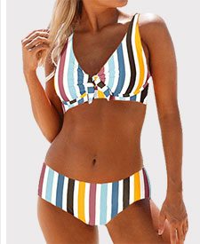 Mid Waist Multi Stripe Spaghetti Strap Bikini Set