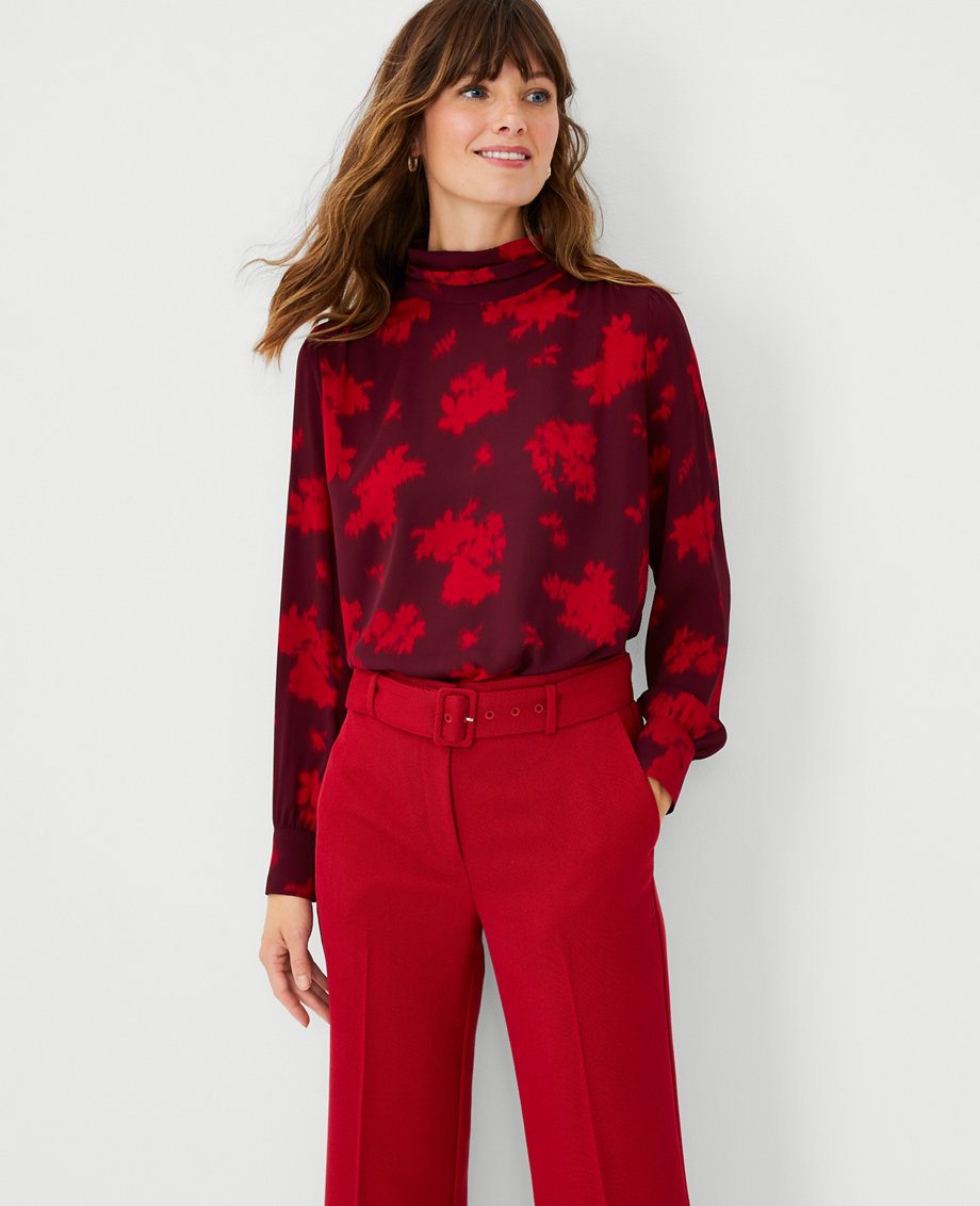 Ikat Floral Shirred Mock Neck Top