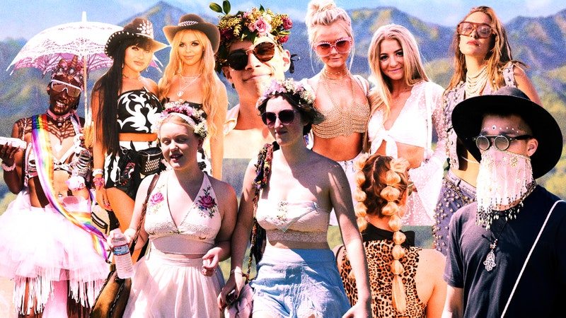 What is 2023 Coachella fashion? What do people wear to Coachella? Image shows a collage of festival goers at Coachella over the years set against an Indio backdrop