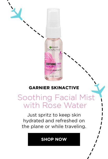 GARNIER SKINACTIVE - Soothing Facial Mist with Rose Water - Just spritz to keep skin hydrated and refreshed on the plane or while traveling. - SHOP NOW