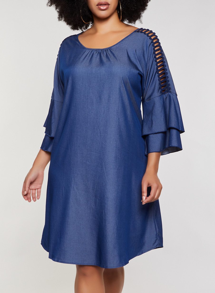 Plus Size Caged Tiered Sleeve Chambray Dress