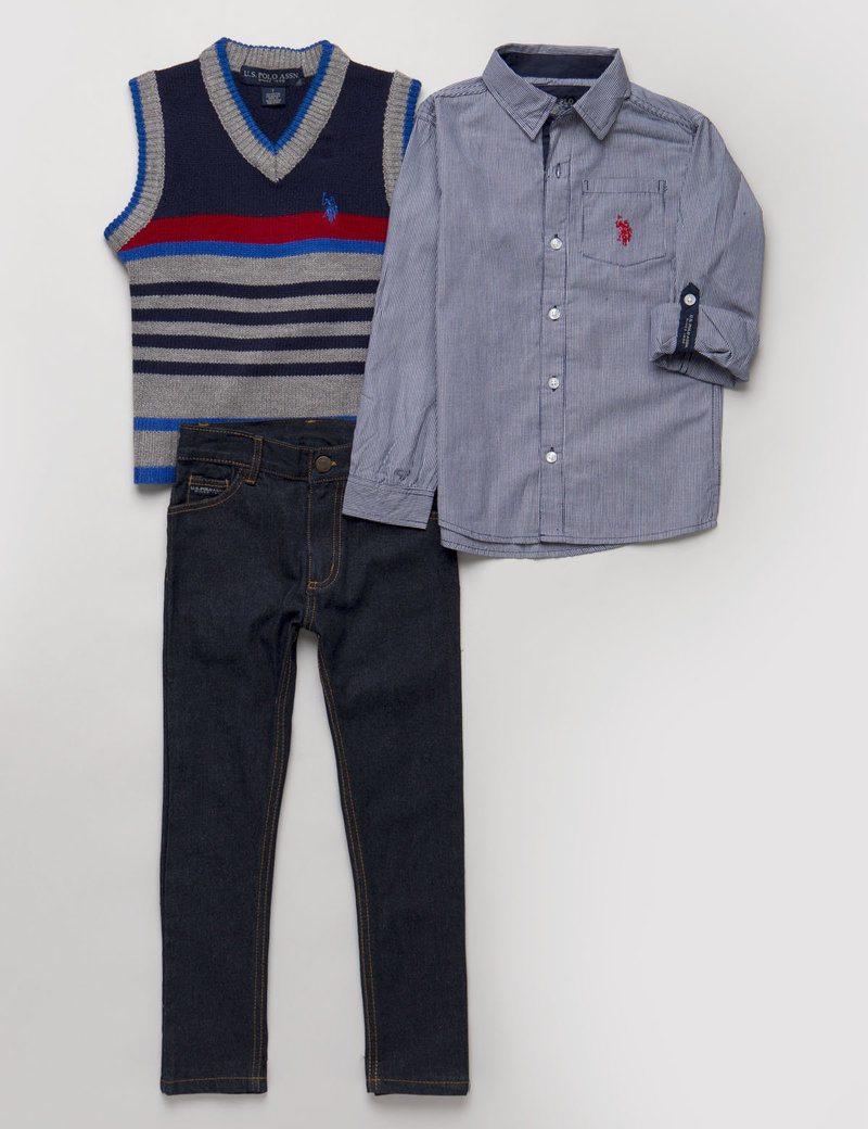 BOYS 3 PIECE SET - SWEATER VEST, PLAID SHIRT & JEANS