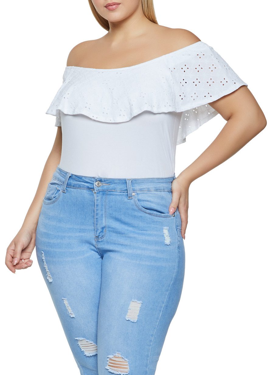 Plus Size Eyelet Detail Off the Shoulder Bodysuit