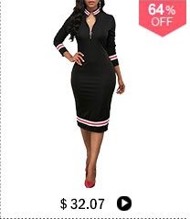 Striped Hem Zipper Front Black Sheath Dress