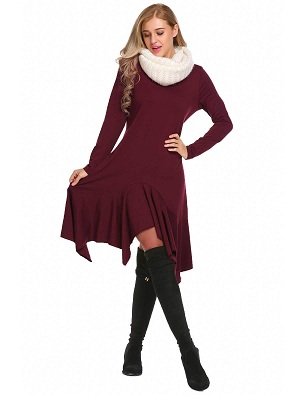 Wine red Long Sleeve Solid Irregular Ruffles Dress