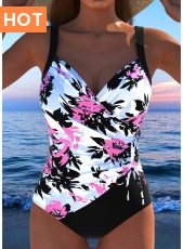 ROTITA Drawstring Pink Floral Print One Piece Swimwear