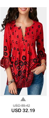 Pleated Button Detail Flare Sleeve Red Blouse