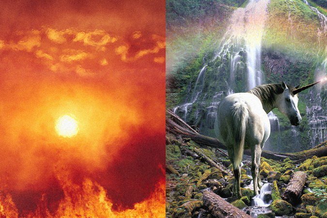 Fire on left, unicorn on right 