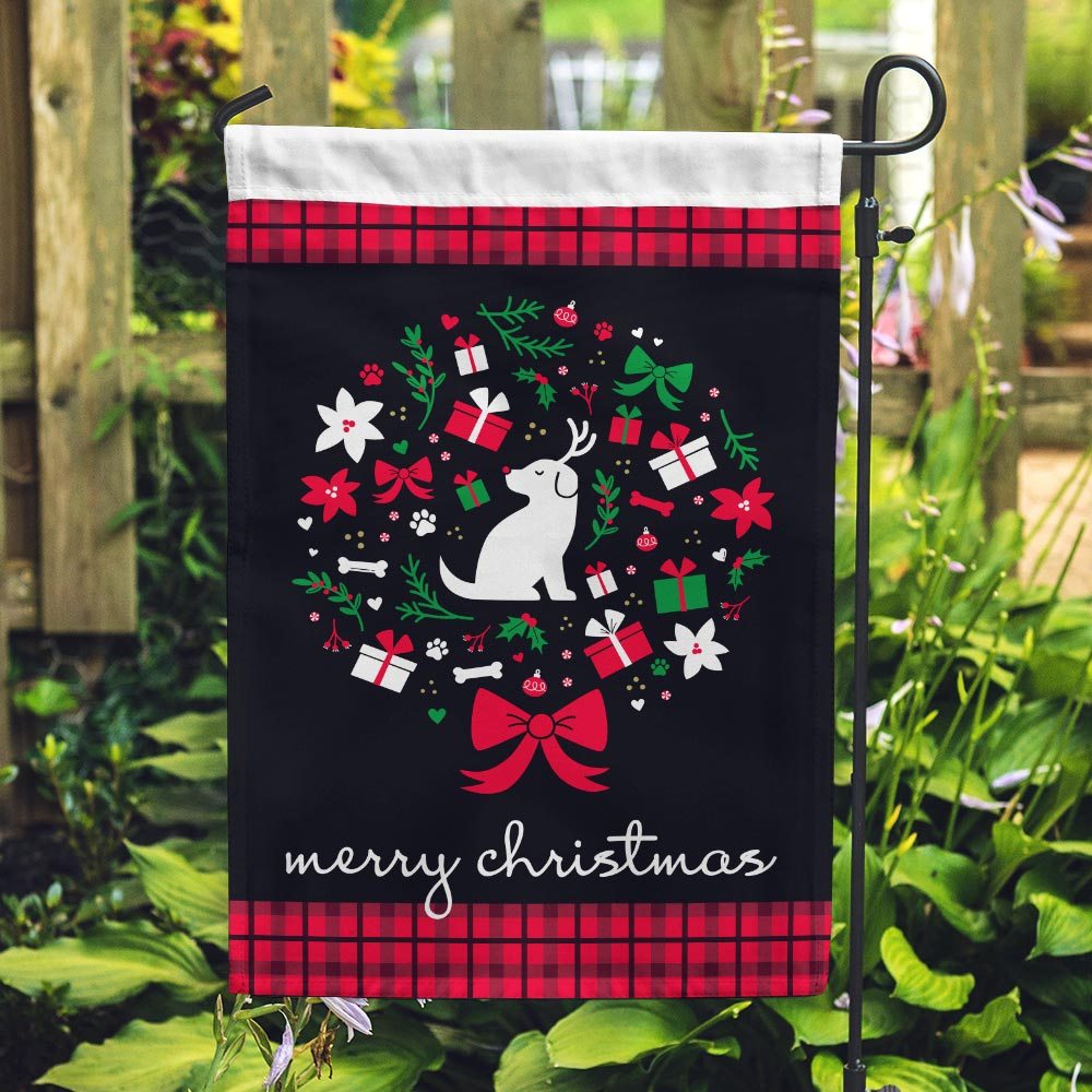 Image of Reindeer Pup Christmas Wreath Garden Flag
