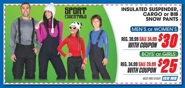 Sport Essentials Adult or Youth Insulated Suspender, Cargo or Bib Snow Pants