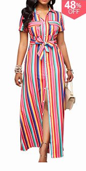 Button Up Turndown Collar Belted Maxi Dress